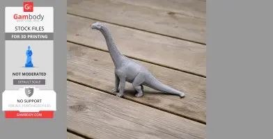 A 3D printed model of a Neuquensaurus dinosaur standing on a wooden surface.