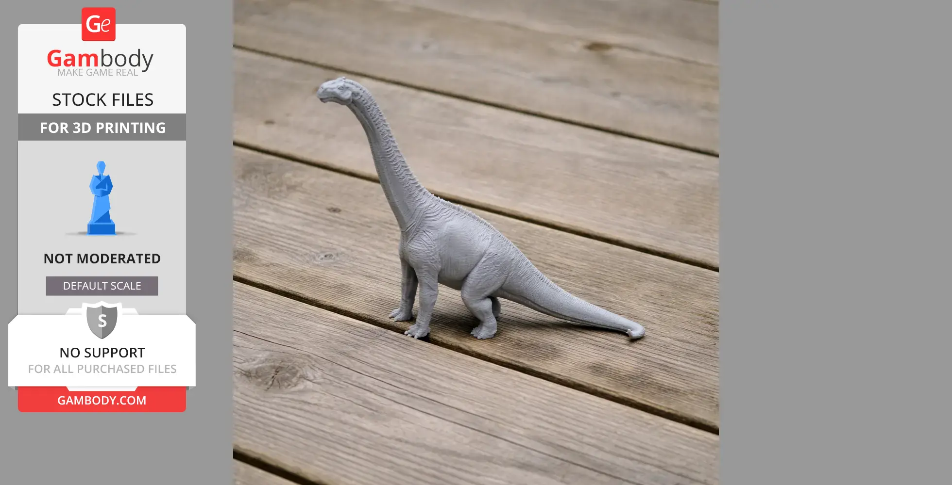 A 3D printed model of a Neuquensaurus dinosaur standing on a wooden surface.