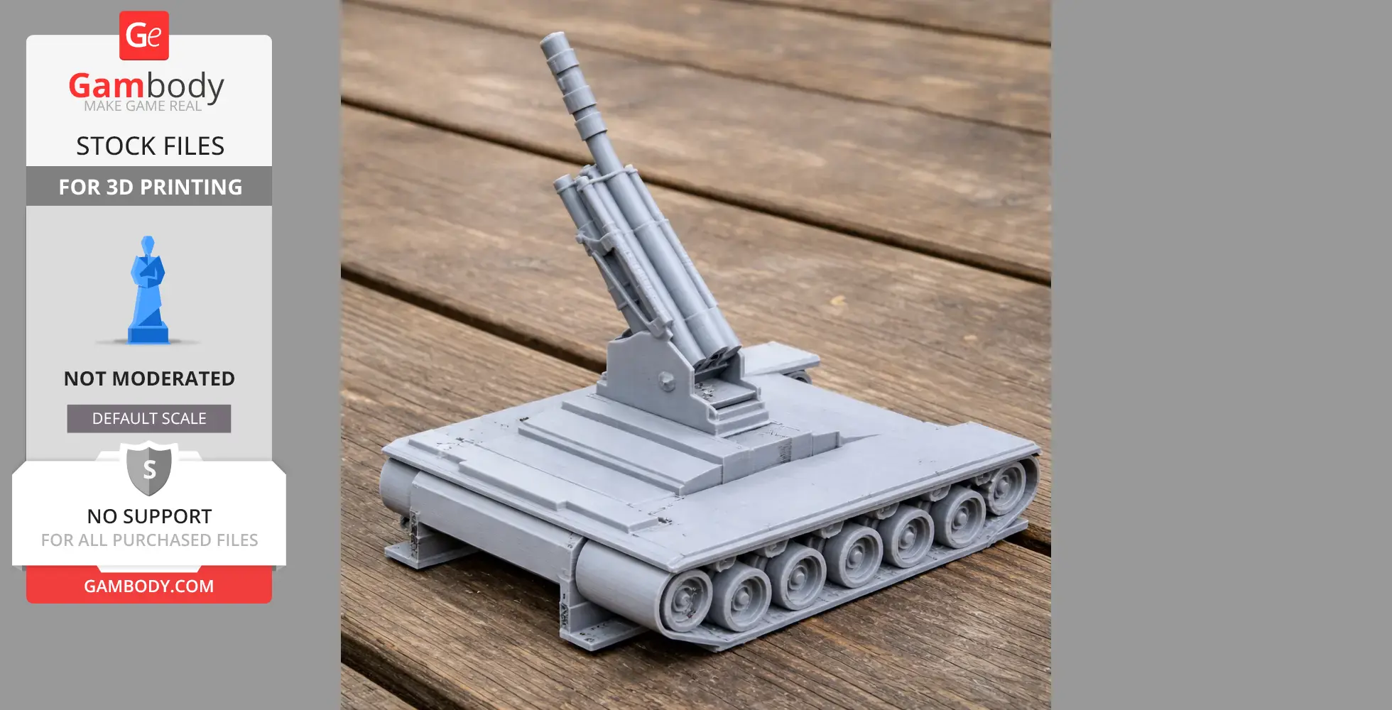 Gray 3D-printed tank model with detailed tracks and an elevated barrel on a wooden surface.