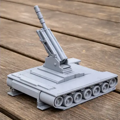 A detailed 3D-printed tank model with a detailed caterpillar and rotating turret on a wooden surface.