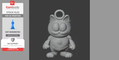 Cartoon cat figure in superhero suit with a ring on top, ready for 3D printing.