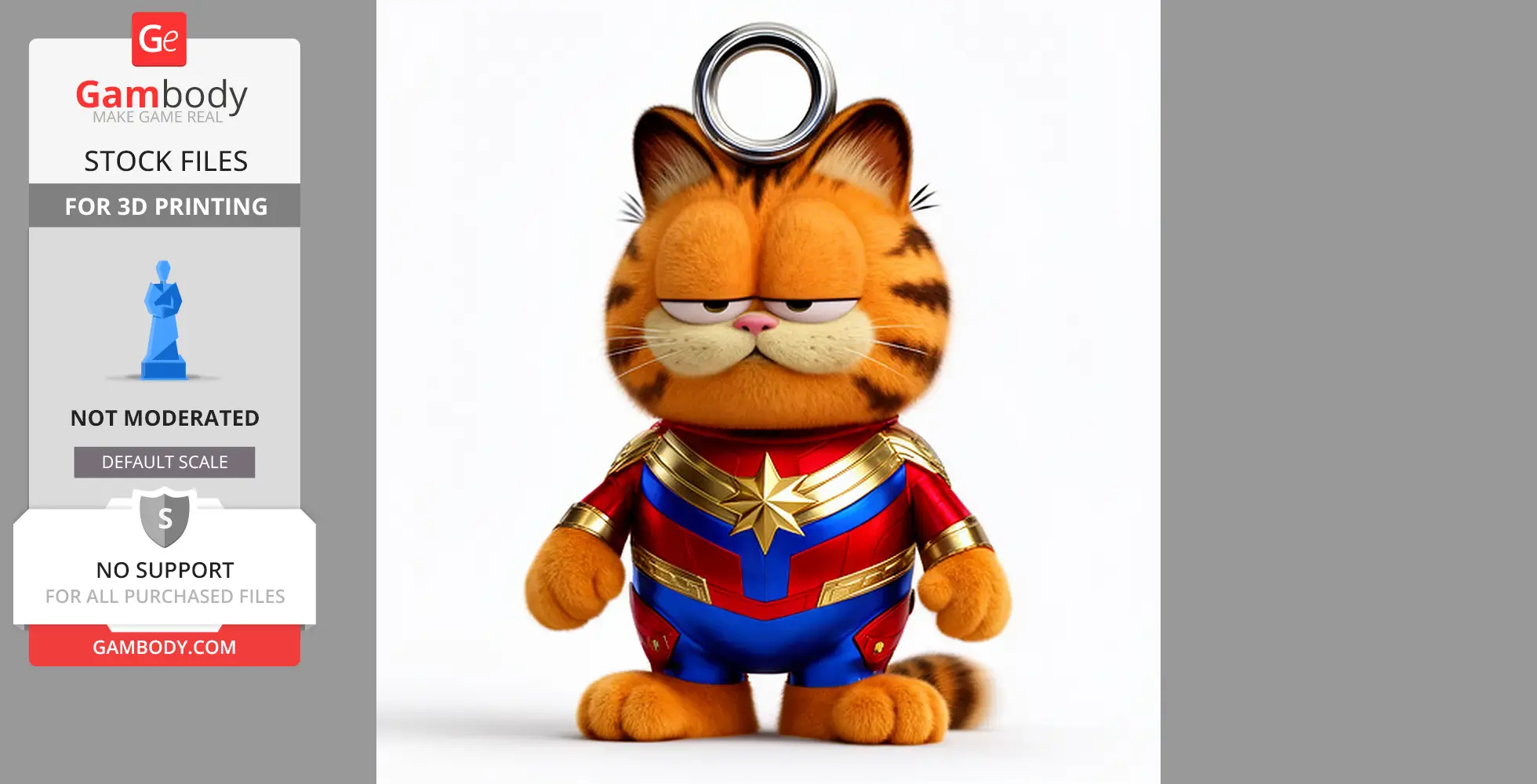 Garfield figurine in Captain Marvel suit with a keyring on top, designed for 3D printing.