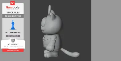 Cartoon cat in superhero costume standing sideways, with a ring on head. 3D model for printing.