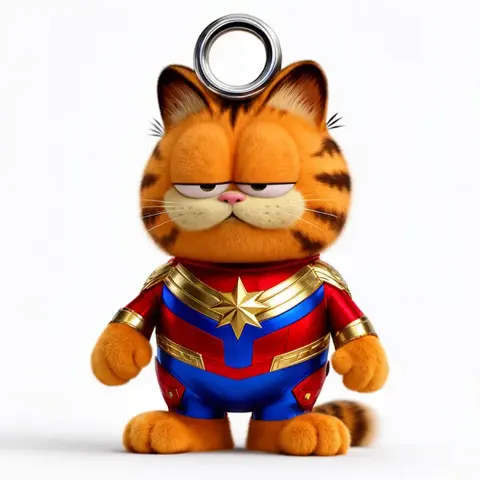 Garfield dressed as Captain Marvel with a ring attachment on his head.