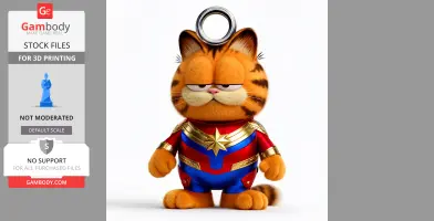 Garfield figurine in Captain Marvel suit with a keyring on top, designed for 3D printing.