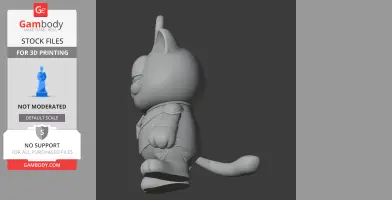 Cartoon cat in superhero outfit, standing side view for 3D printing.