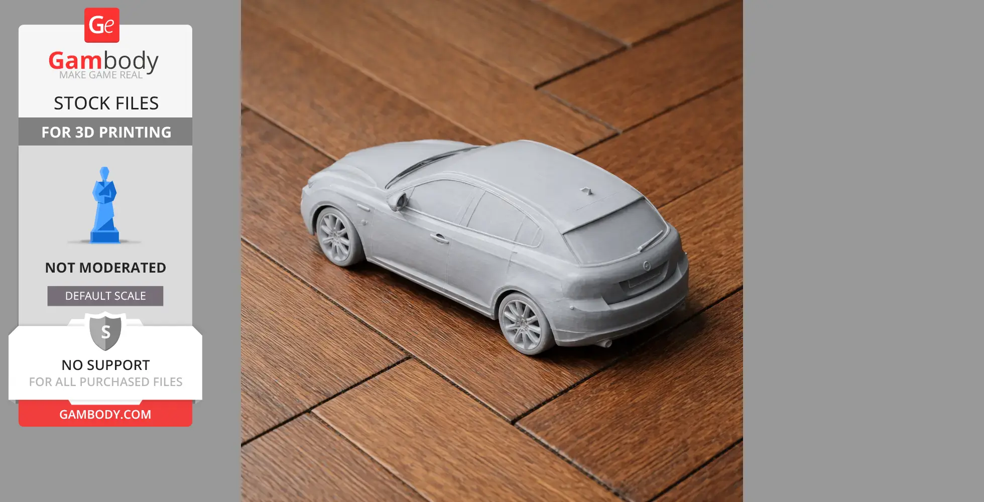 3D printed model of an Alfa Romeo Giulietta car on a wooden floor.