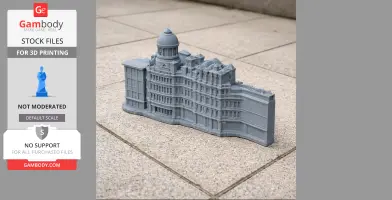 A 3D printed model of a detailed, historic Manchester building with a domed roof.