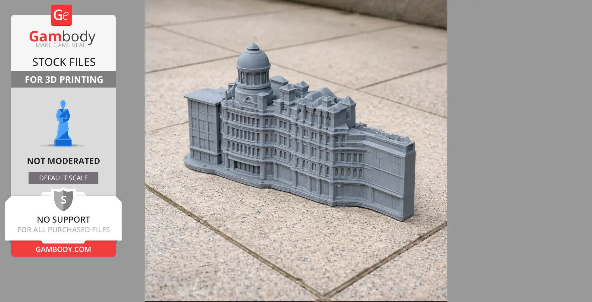 A 3D printed model of a detailed, historic Manchester building with a domed roof.