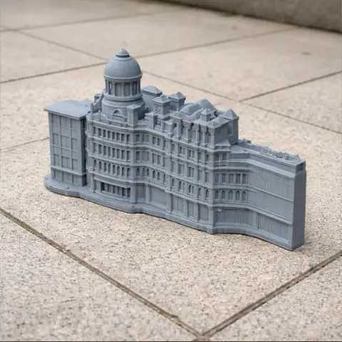 3D printed model of a detailed Manchester building with a domed tower and intricate facade.