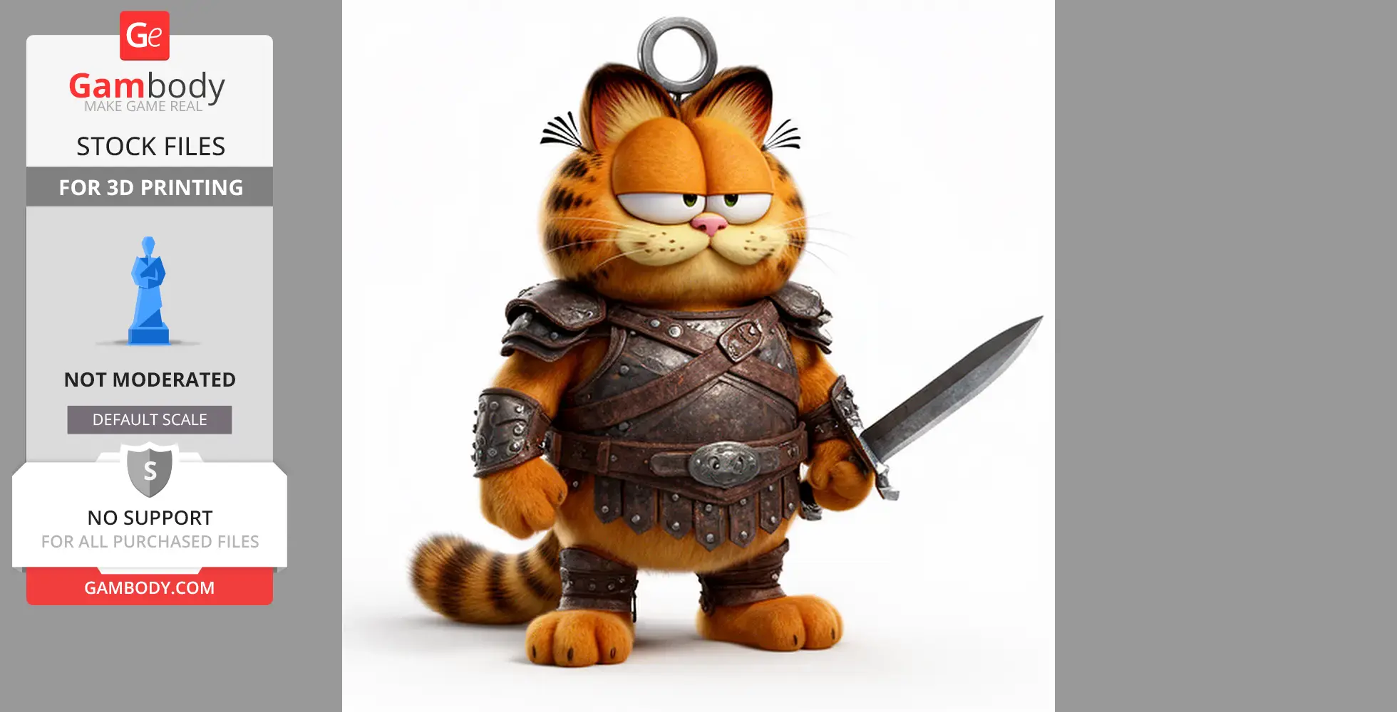 Marshall in knight armor with a sword and keyring, blending feline charm and medieval warrior.