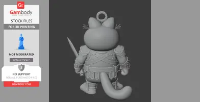 A 3D model of a cat figure in armor, viewed from behind, holding a sword, with a ring on its head.