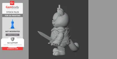 A 3D model of a cartoon cat in knight armor, holding a sword, viewed from the side.