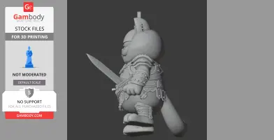 A 3D model of a cartoon cat as a warrior, holding a sword and wearing detailed armor.