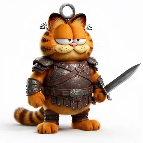 Armored orange cartoon cat wielding a sword, with a ring on its head for use as a pendant.