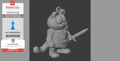 Cartoon cat in fantasy armor holding a sword, featuring a ring on top for keychain attachment.
