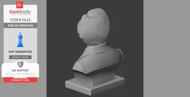 Rear view of a 3D bust model with detailed hair and a structured suit on a pedestal.