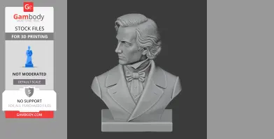 3D printed bust of a historical figure in formal attire, with stylized hair and a bow tie.
