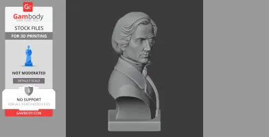 A 3D printed bust of a historical figure with detailed hair and formal attire, displayed in side profile.
