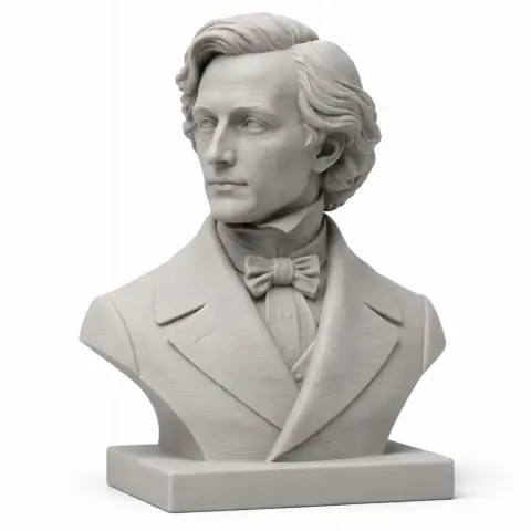 Bust of a man in a suit with a bow tie, detailed hair and facial features, set on a square base.