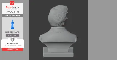 Rear view of a 3D model bust with detailed hair and clothing on a pedestal, designed for printing.