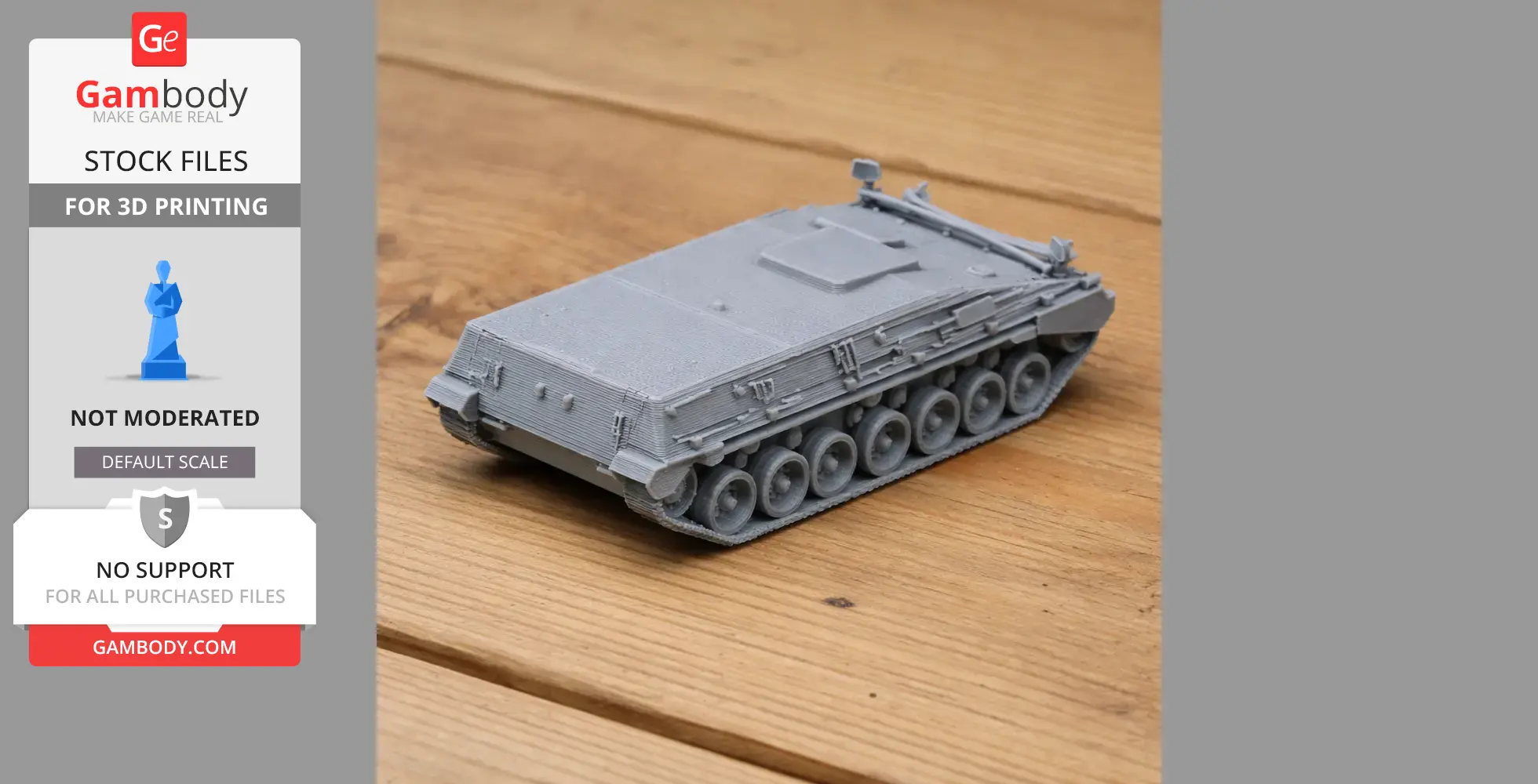 Gray 3D-printed model of a Begleitpanzer 57 tank on a wooden surface.