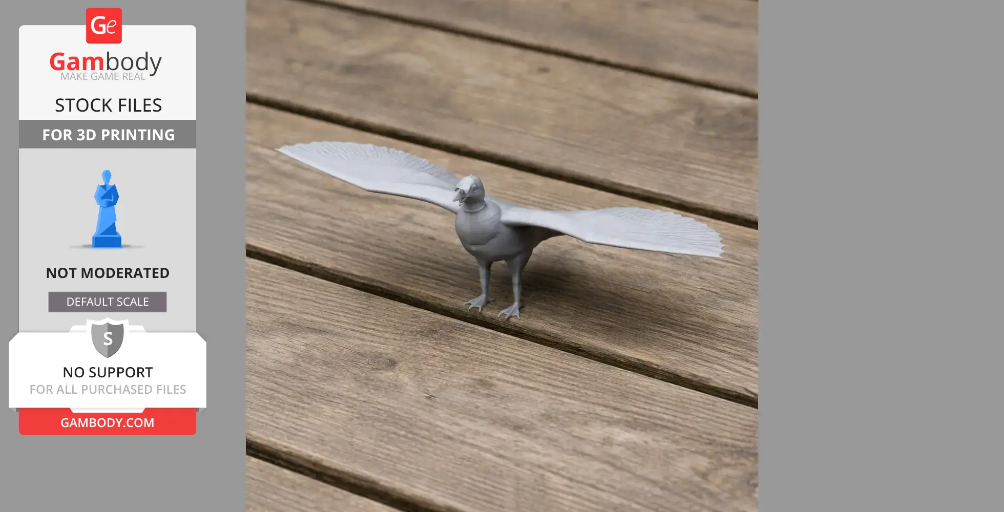 3D printed model of a New World vulture with open wings, displayed on a wooden surface.