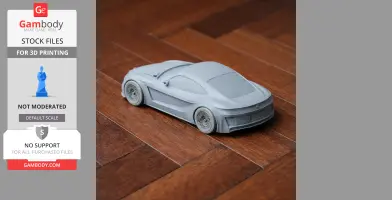 3D printed model of Alfa Romeo Gloria car on wooden floor, showcasing detailed design and smooth finish.