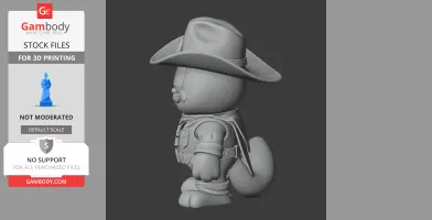 Cowboy cat 3D model wearing a hat, belt, and vest, standing in profile.