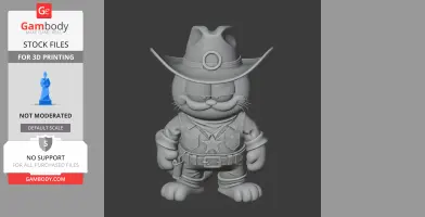 Cartoon cat in cowboy attire with a hat, vest, and badge, designed for 3D printing.