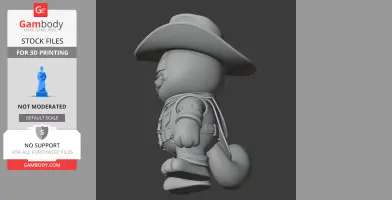 A 3D model of a cartoon cat in cowboy attire, featuring a large hat, belt, and boots.