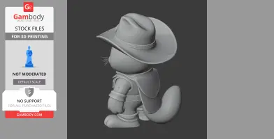 Cartoon cat figure in cowboy attire, featuring hat and cape, standing sideways.