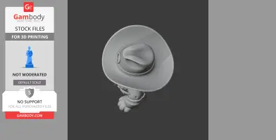 A 3D model of a cartoon character wearing a cowboy hat, viewed from above, for 3D printing.