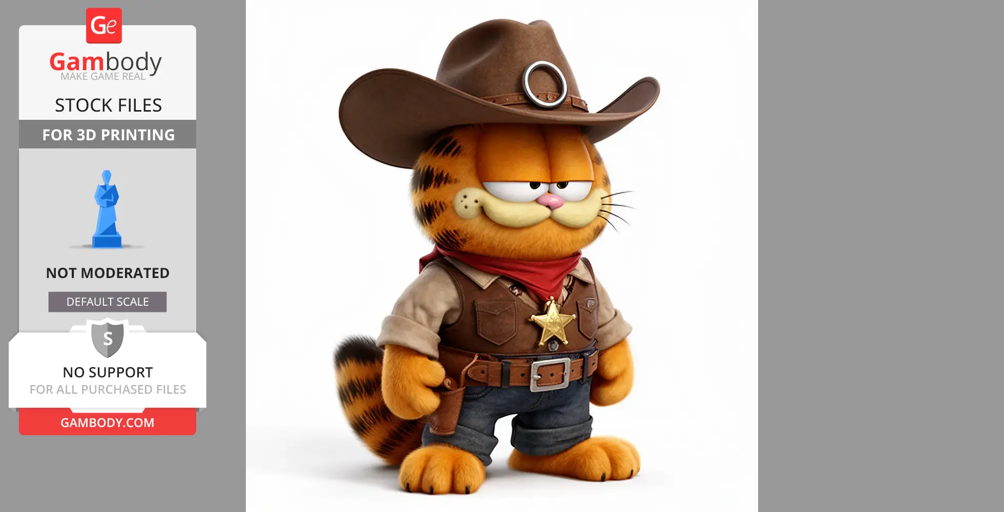 Orange cat in cowboy attire with wide-brimmed hat, vest, bandana, and star badge, standing confidently.