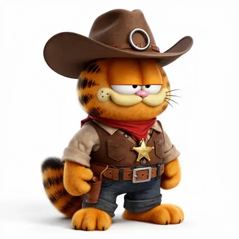 Comic cat dressed as a cowboy with a hat, star badge, and red bandana, exuding confidence.