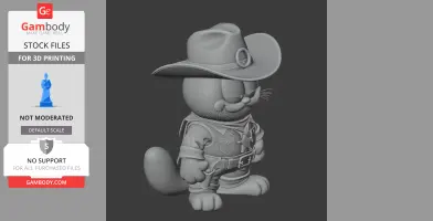Cartoon cat in cowboy attire, wearing a hat and badge, styled for 3D printing.