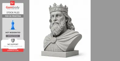 A detailed bust of a historical warrior with a beard and crown, draped cape around shoulders.