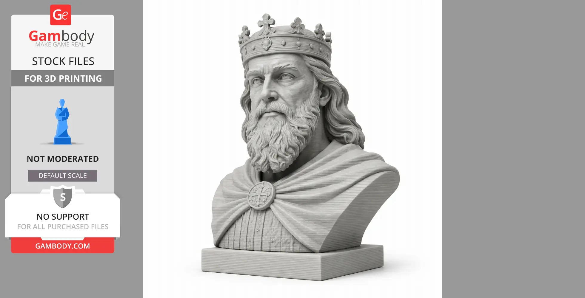 A detailed bust of a historical warrior with a beard and crown, draped cape around shoulders.