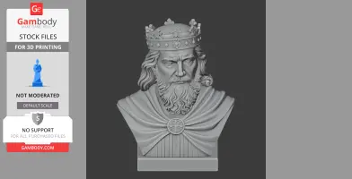 Bust of a medieval king with a crown and flowing beard, detailed for 3D printing.