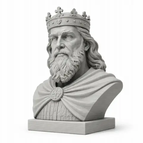 Bust of a medieval king with a crown, detailed beard, and cloak, set on a square base.