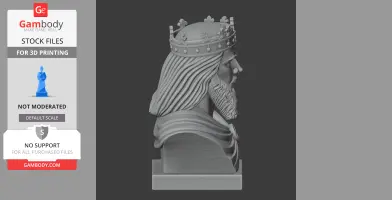3D bust of a bearded warrior in a crown, side profile view, with flowing hair and cloak.
