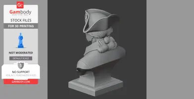 3D model of a historical bust, featuring a man in a tricorn hat with long, tied-back hair.