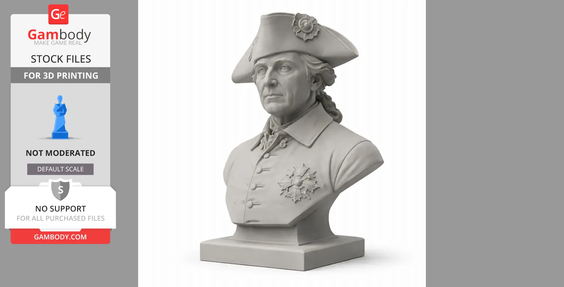 Bust of a historical warrior in uniform with a tricorne hat, detailed for 3D printing.