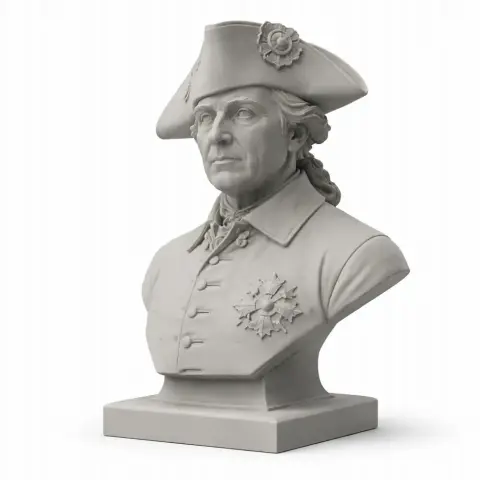 Bust of a historical figure in 18th-century military attire with tricorne hat and decorations.