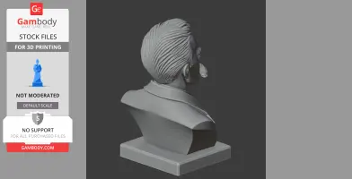 3D-printed bust of a man with styled hair and mustache, wearing a collared jacket, on a square base.