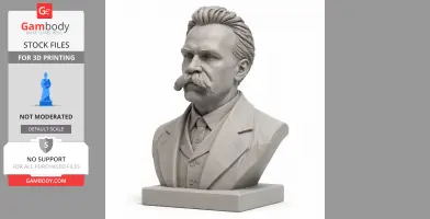 A detailed 3D-printed bust of a man with a mustache in formal attire, placed on a rectangular base.
