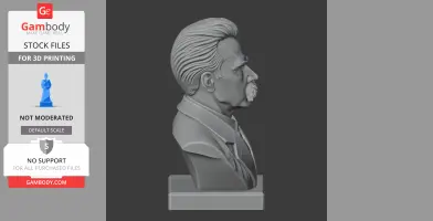 A 3D-printed bust of Friedrich Nietzsche, detailed with combed hair and a mustache, on a rectangular base.