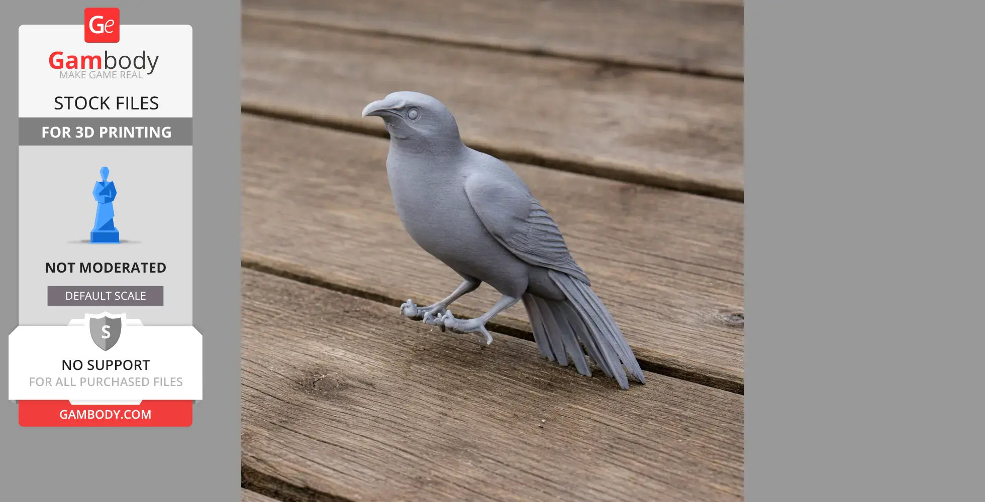 Gray 3D-printed model of a New Zealand Wattlebird on wooden surface.