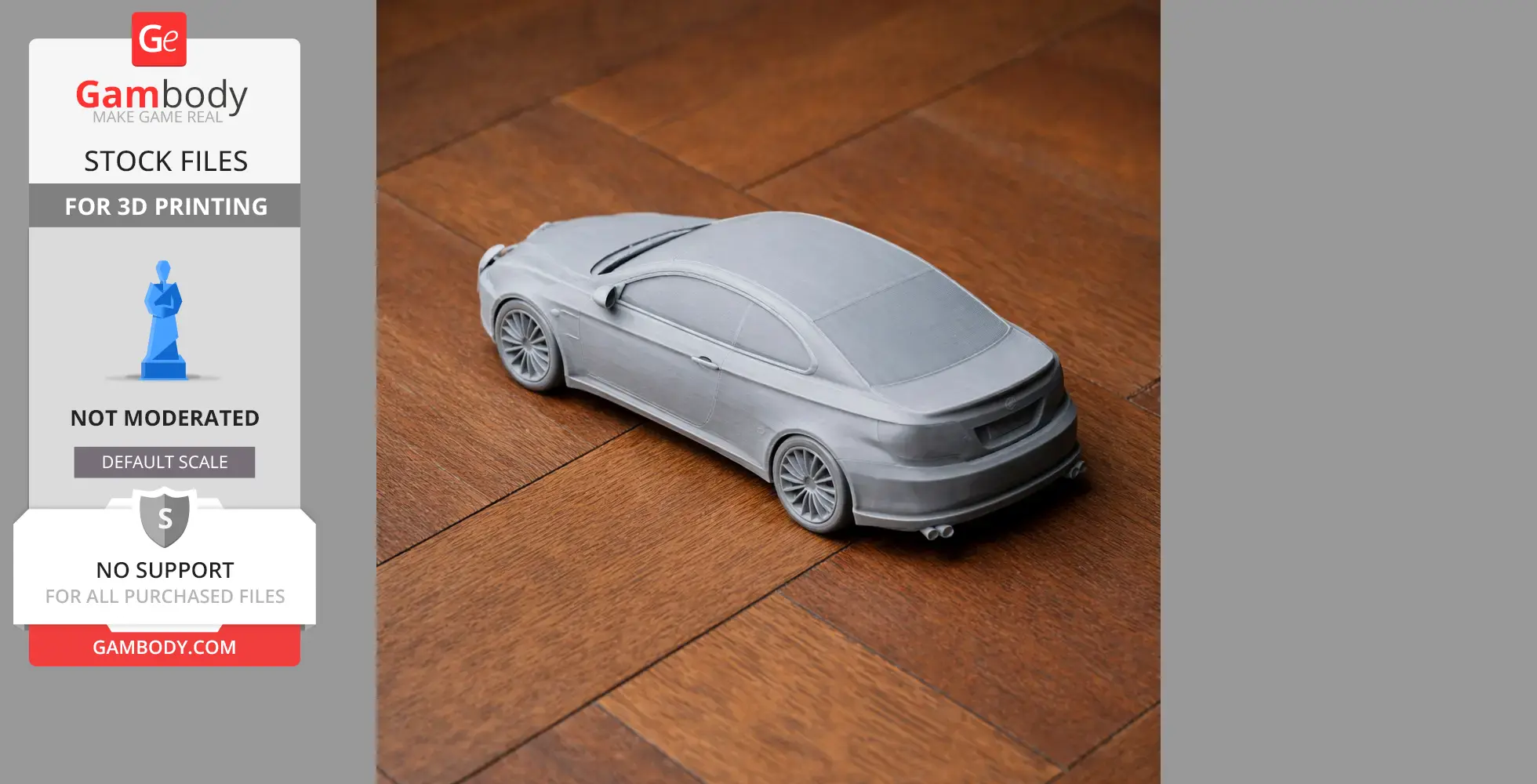 Gray 3D-printed Alfa Romeo GT model car on a wooden surface.