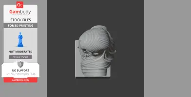 3D bust of a historical warrior with intricate headgear and clothing details on a stand.